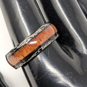 Mens Wood Inlay Ring Size 13.25 Black Tungsten carbide Koa Dome Tribal Rim 8mm